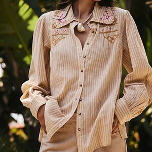 Free People Fall in to Place Embroidered Striped Smocked Buttondown Shirt